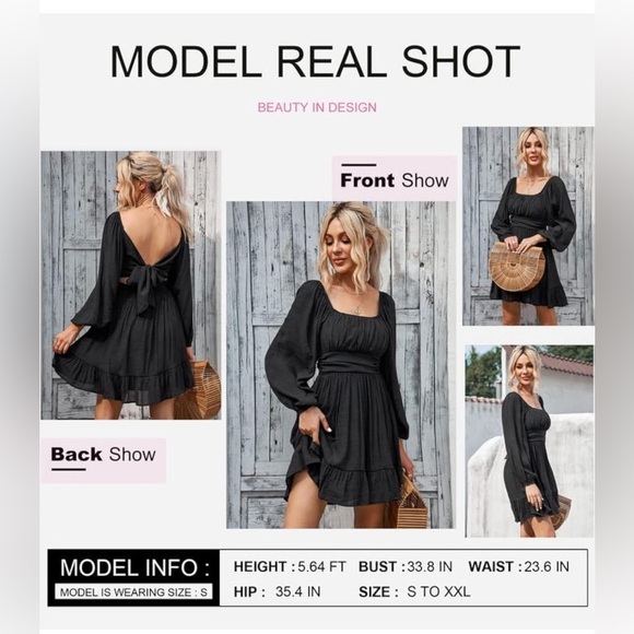 Long-Sleeve Dress with Square Neckline and Ruffled Hem- Size Medium - Picture 4 of 5